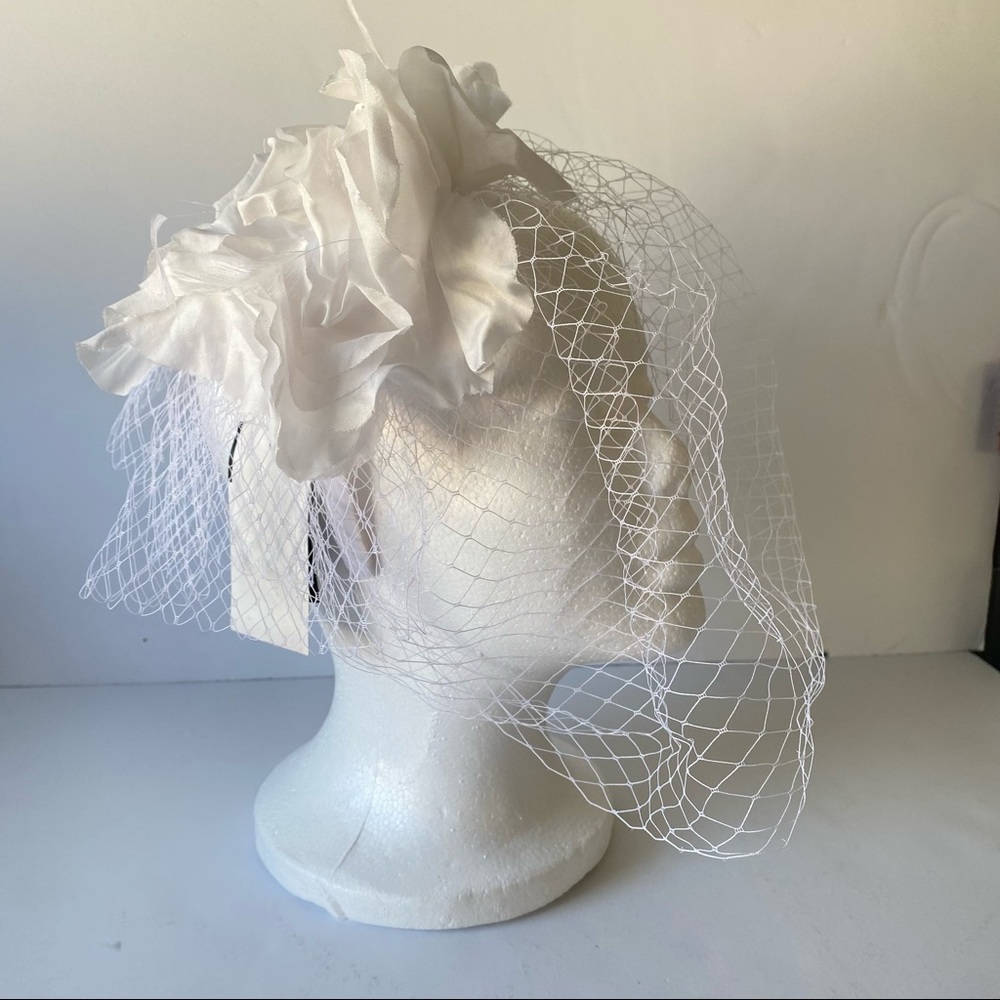 August Hats Fascinator: Pink, White, Large Blossom & Netting Headband